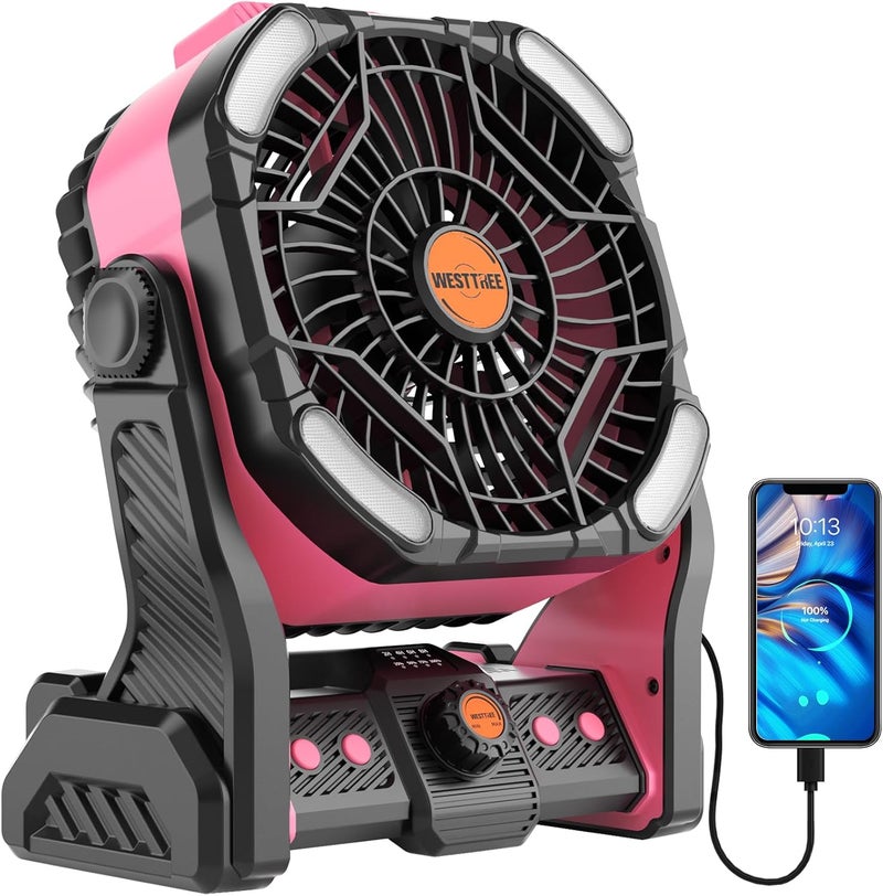 WESTTREE 20000mAh Battery powered fan Camping essentials,Portable fan Battery Operated Rechargeable Tent Fan with Light & Hook X26A Pink - Image 1